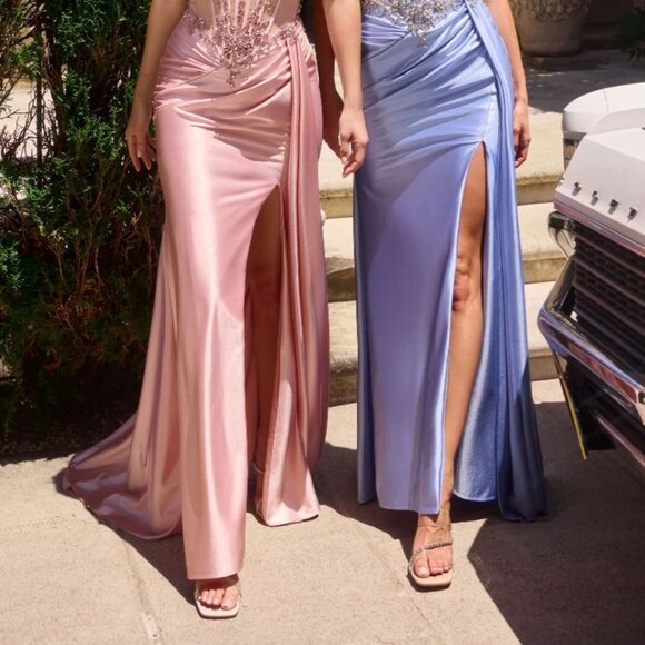 New Blush Beaded Graduation Long Satin Gown w/Corset Bodice & Side Drape CD C169 - Picture 6 of 9